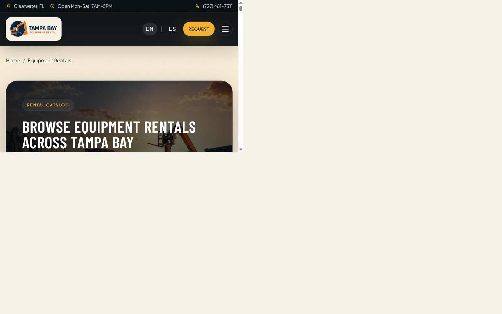 Main equipment catalog page on the Tampa Bay Equipment Rental website