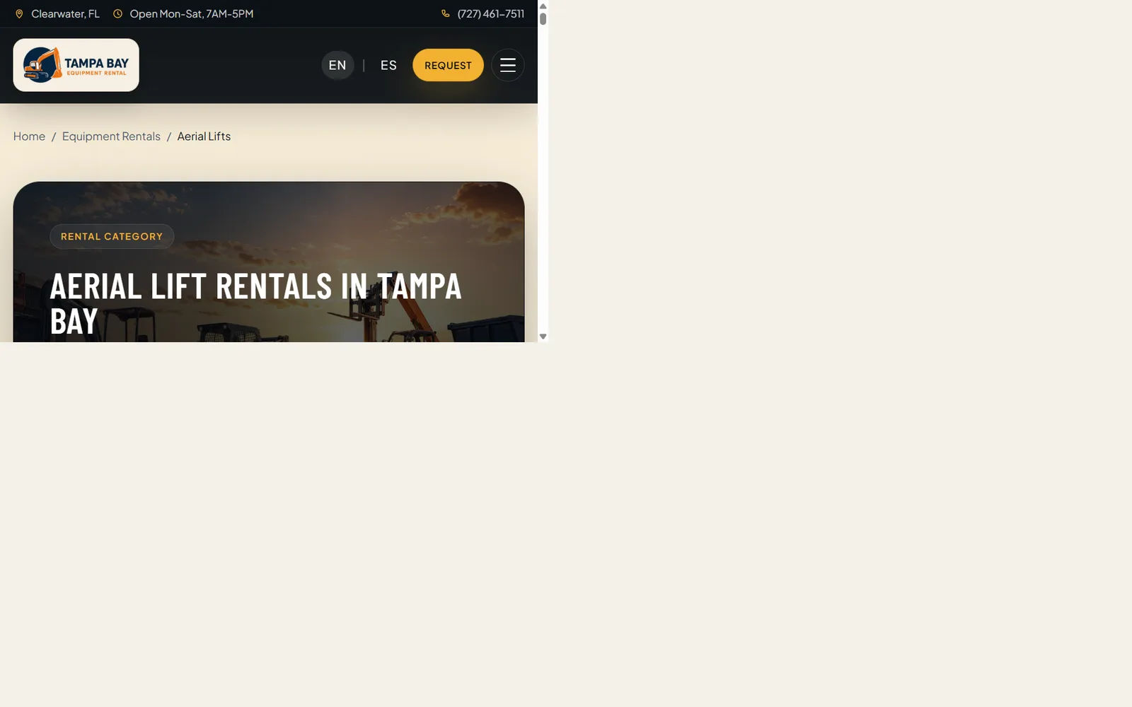Aerial lift rentals category page on the Tampa Bay Equipment Rental website