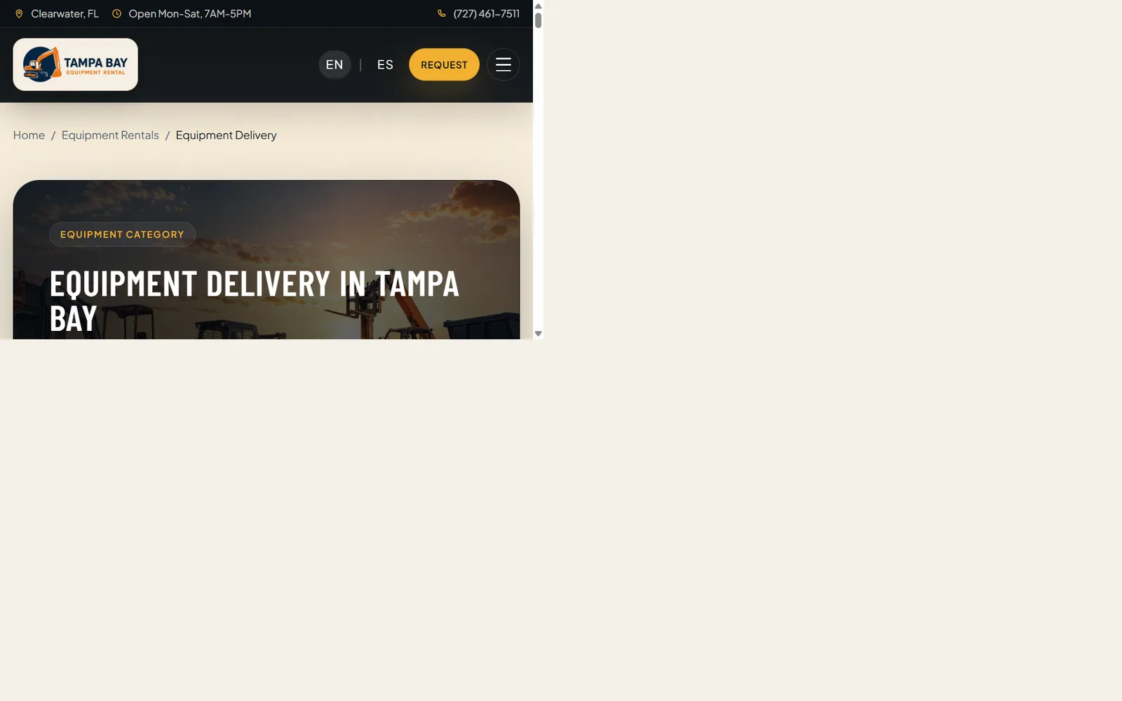 Equipment delivery information page on the Tampa Bay Equipment Rental website