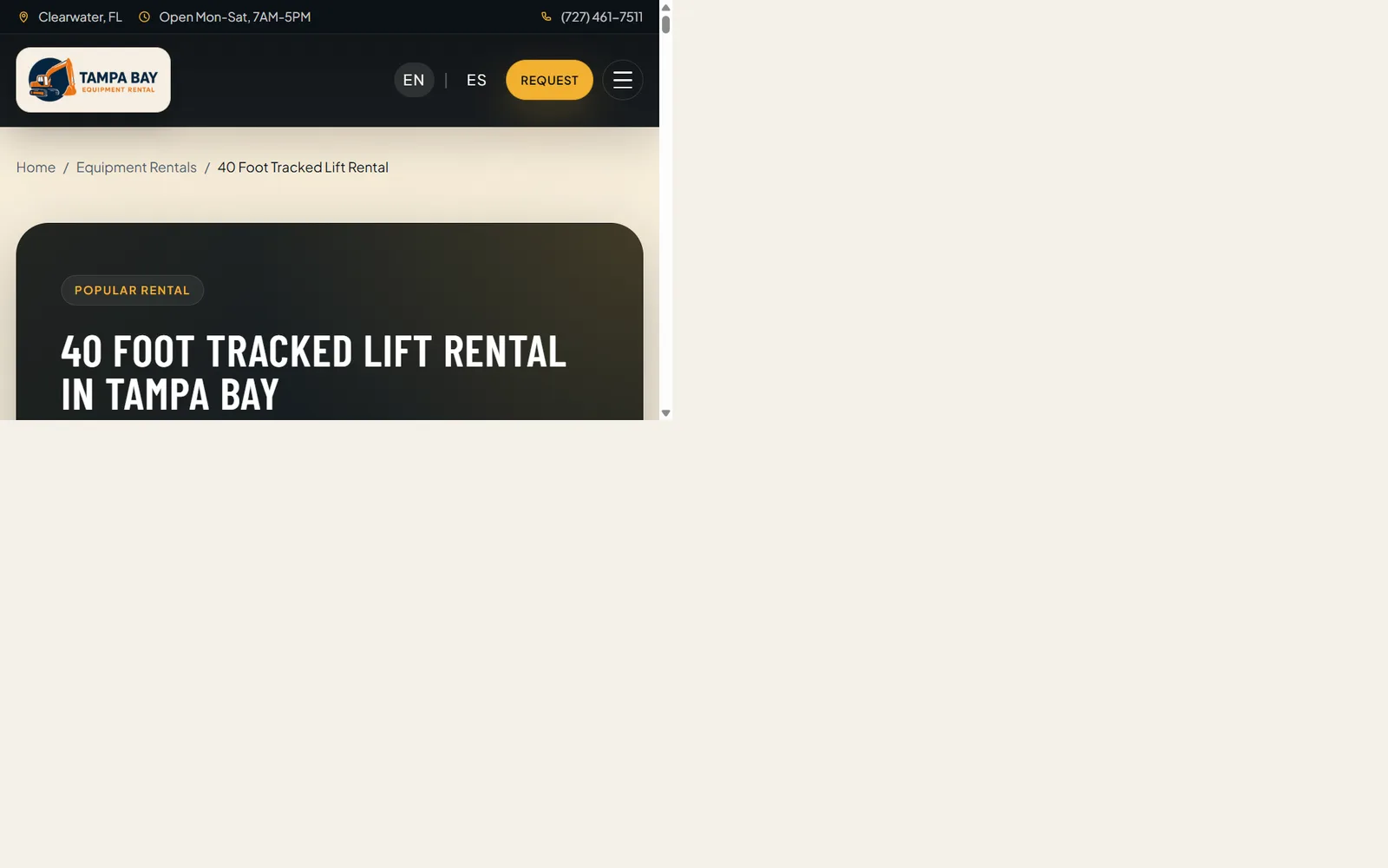 Individual tracked lift rental page on the Tampa Bay Equipment Rental website