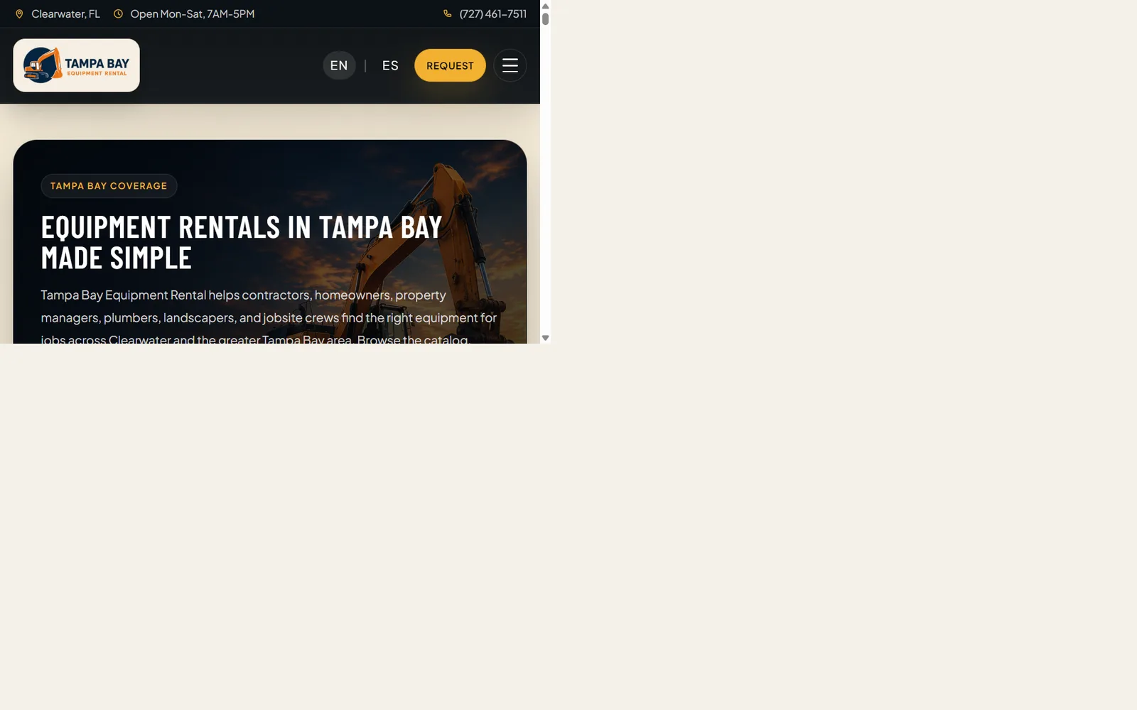 Homepage of the Tampa Bay Equipment Rental website redesigned by Sun Life Tech
