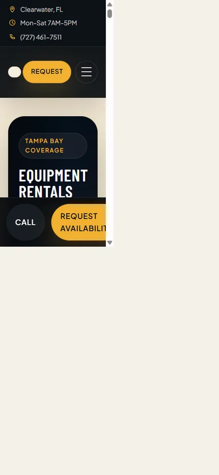 Mobile view of the Tampa Bay Equipment Rental website homepage