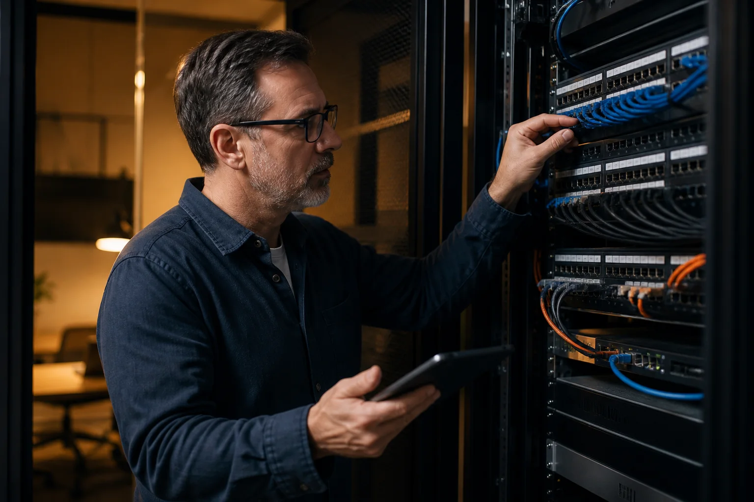 IT professional inspecting an organized business network